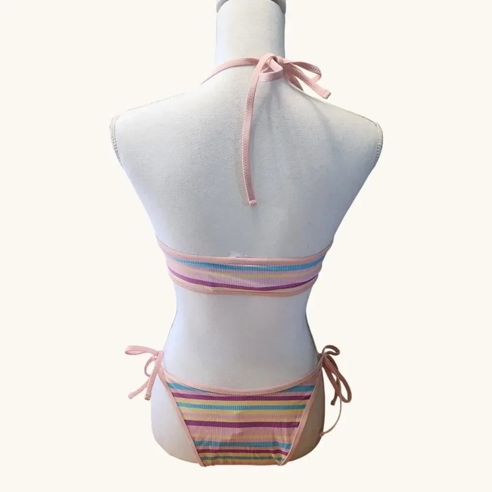 NWT CUPSHE Bikini Swimsuit 2 Pc Womens Small Striped Bandeau Top Hip Tie Sexy - Picture 3 of 14